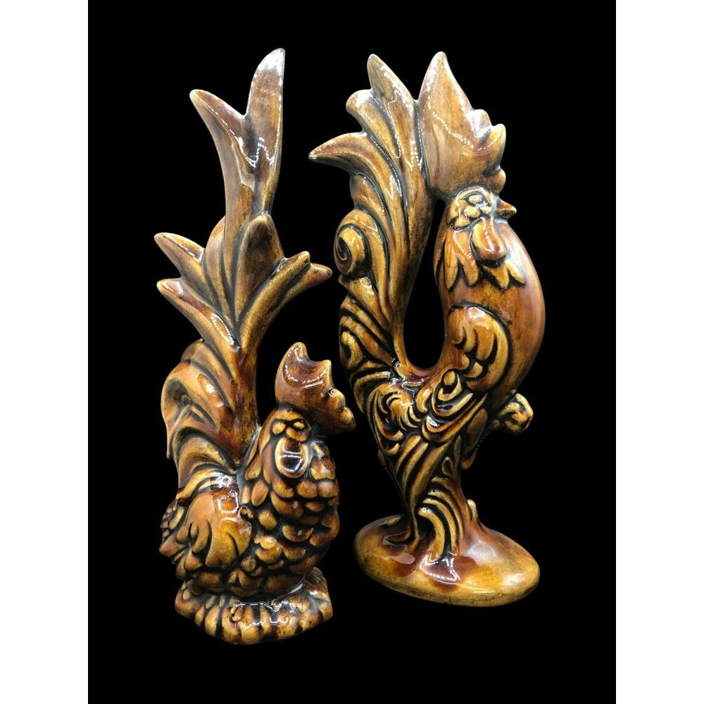 Vintage Ceramic Rooster & Hen Figurines With Brown Glaze 12"x5"x4" Retro Farmhou